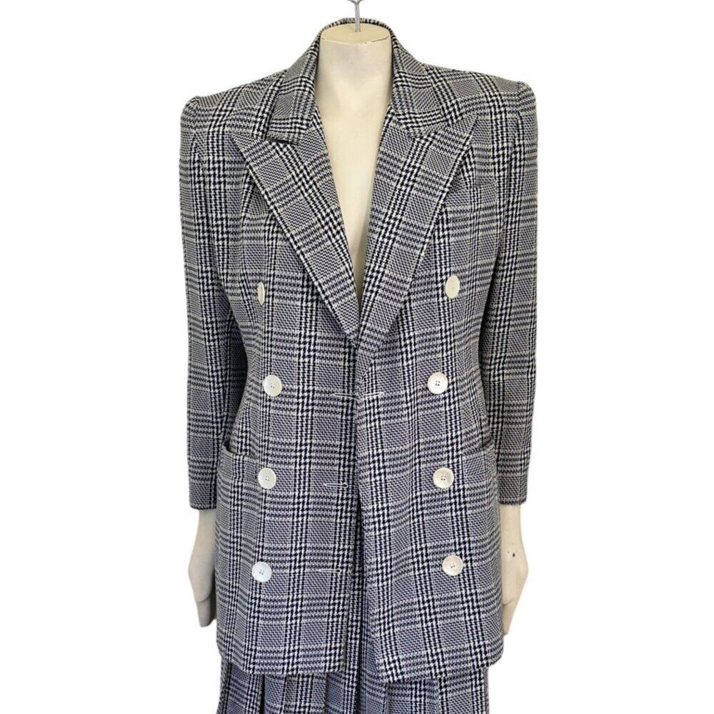 VTG 80s RAFAEL Houndstooth Plaid Double Breasted Structured Blazer SZ 6